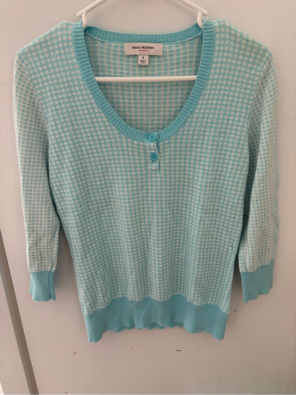 Isaac Mizrahi Aqua Blue Polka Dot Knit Sweater